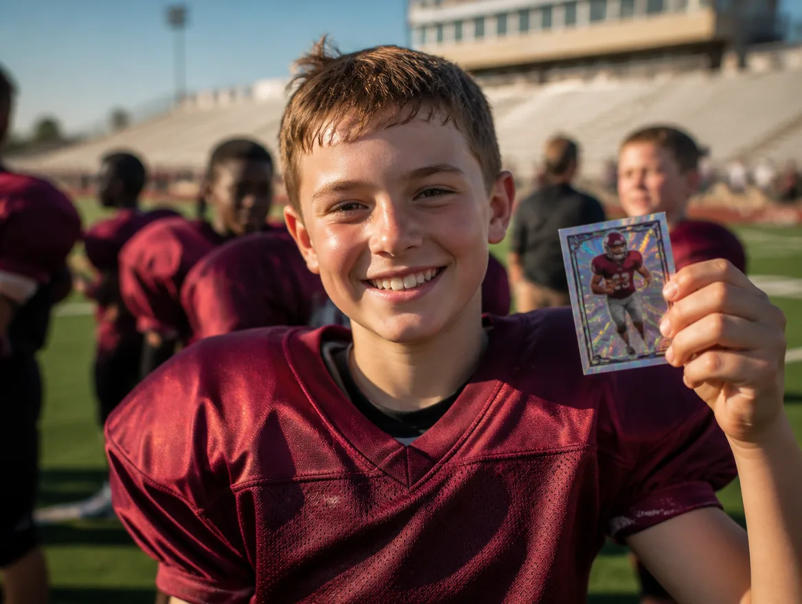 Young football player holding up his custom holographic trading card