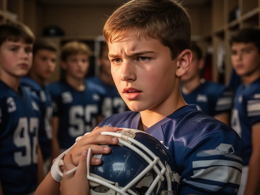 Young athlete displays determination while holding football helmet in locker room moment
