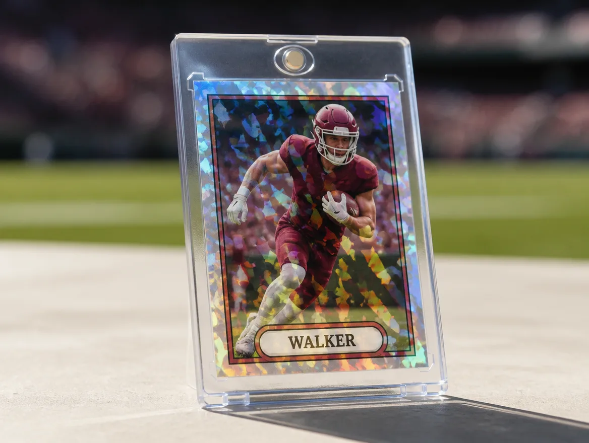 Custom football trading card standing in a premium magnetic display case