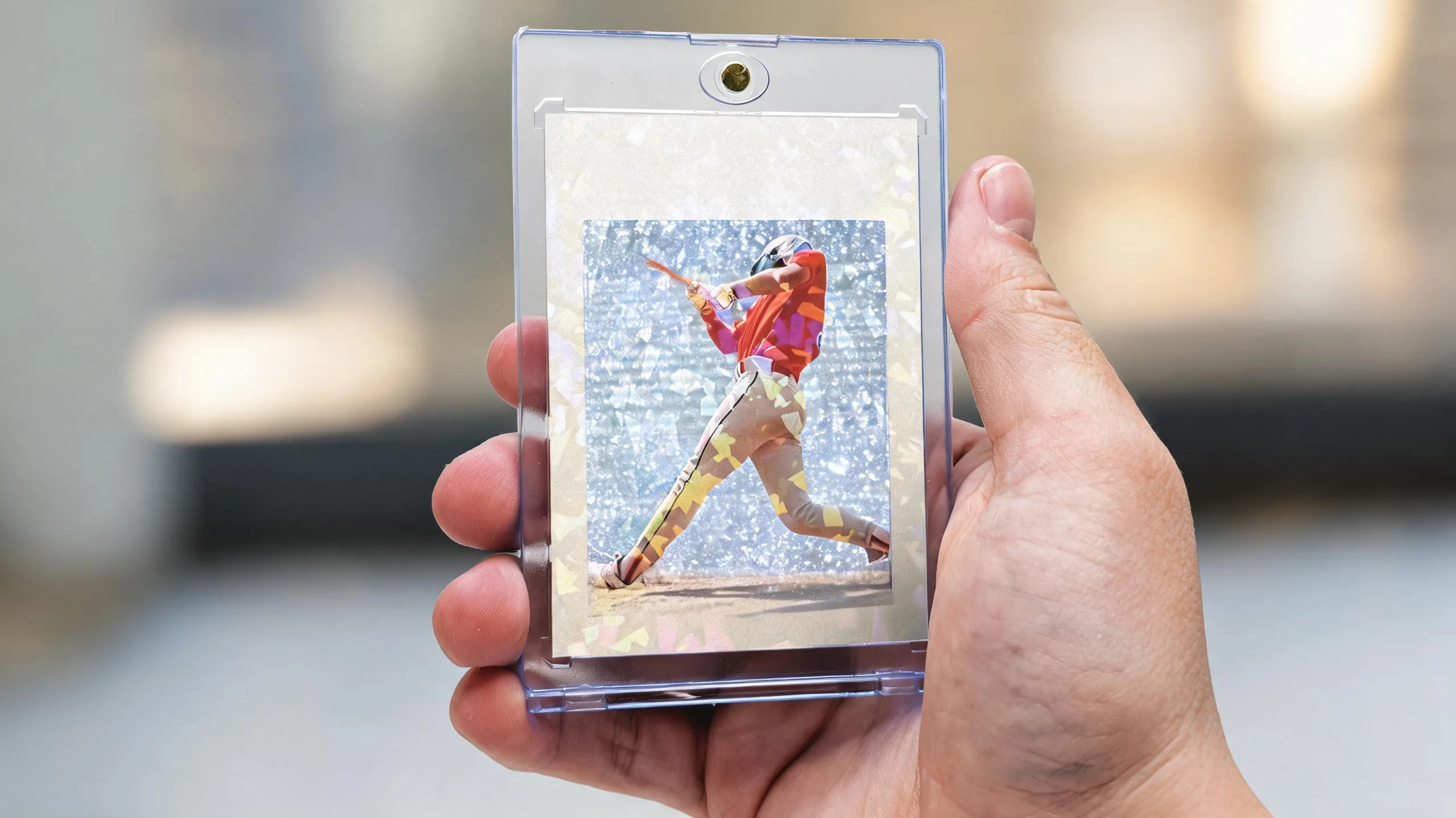 Hand holding magnetic case with athlete card, nikon camera sports photography inspired icy refractor design.