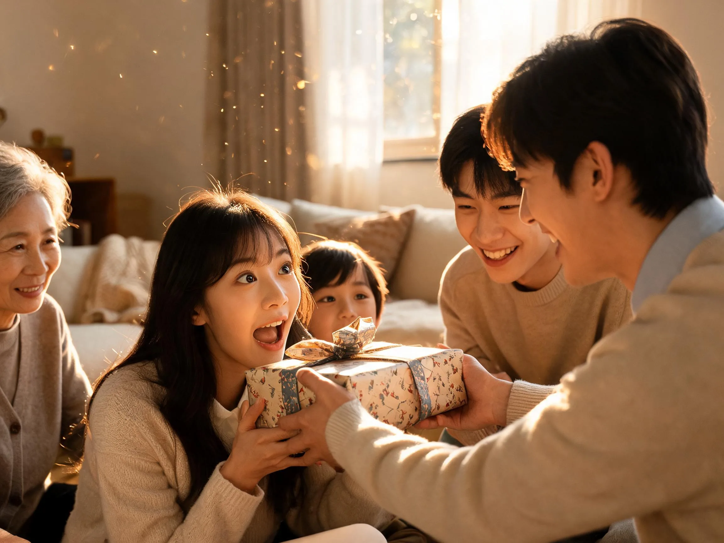 Family member reacts with genuine surprise while being handed an unexpected wrapped gift indoors.