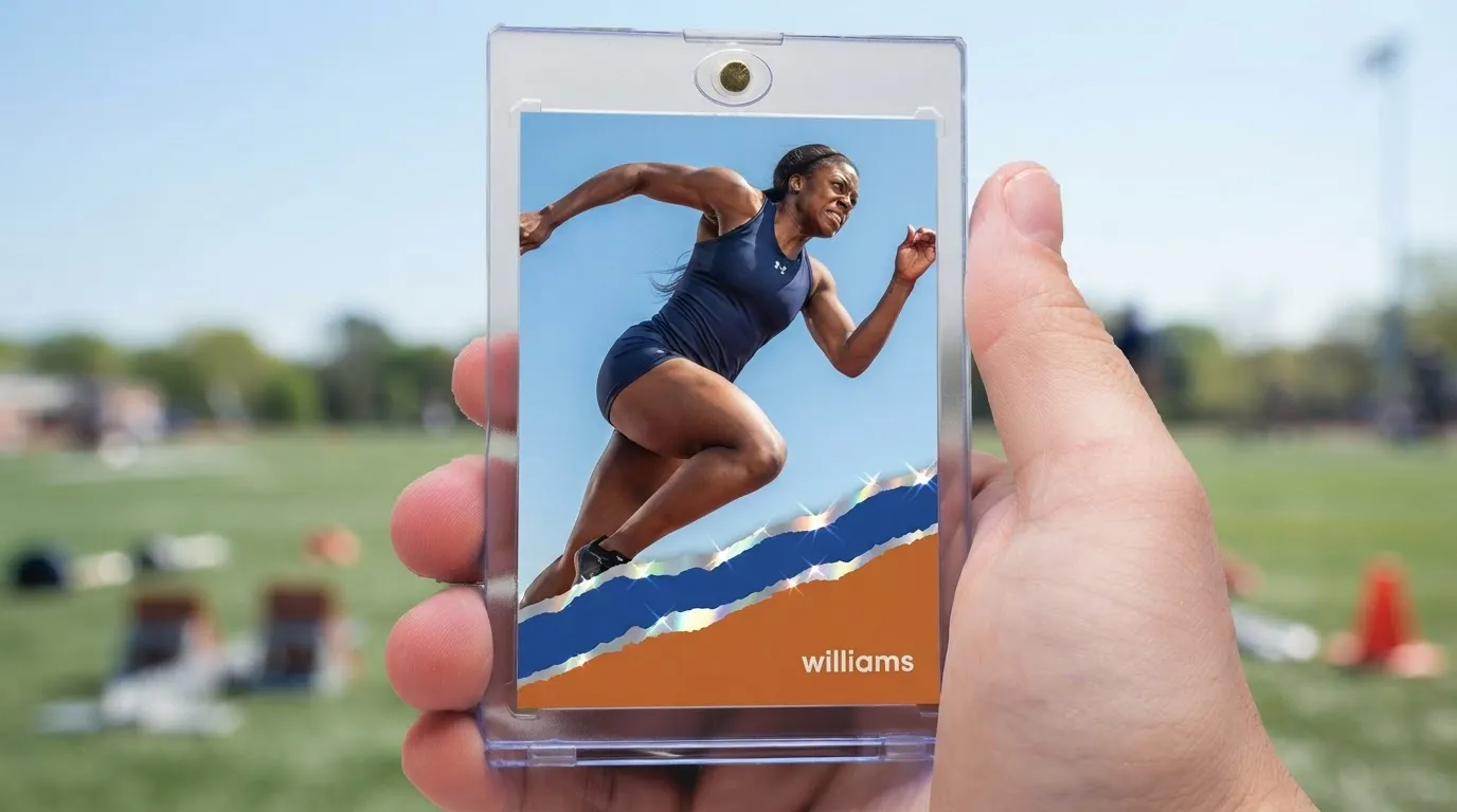 Hand holding magnetic case with nikon sports photography lens trading card, sprinter mid-stride, sunny field.