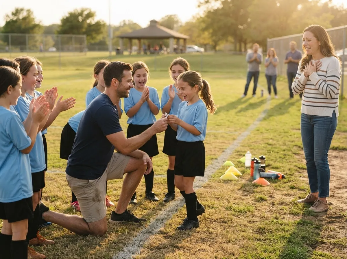 Coach and young athlete share proud celebratory moment on sports field with teammates.