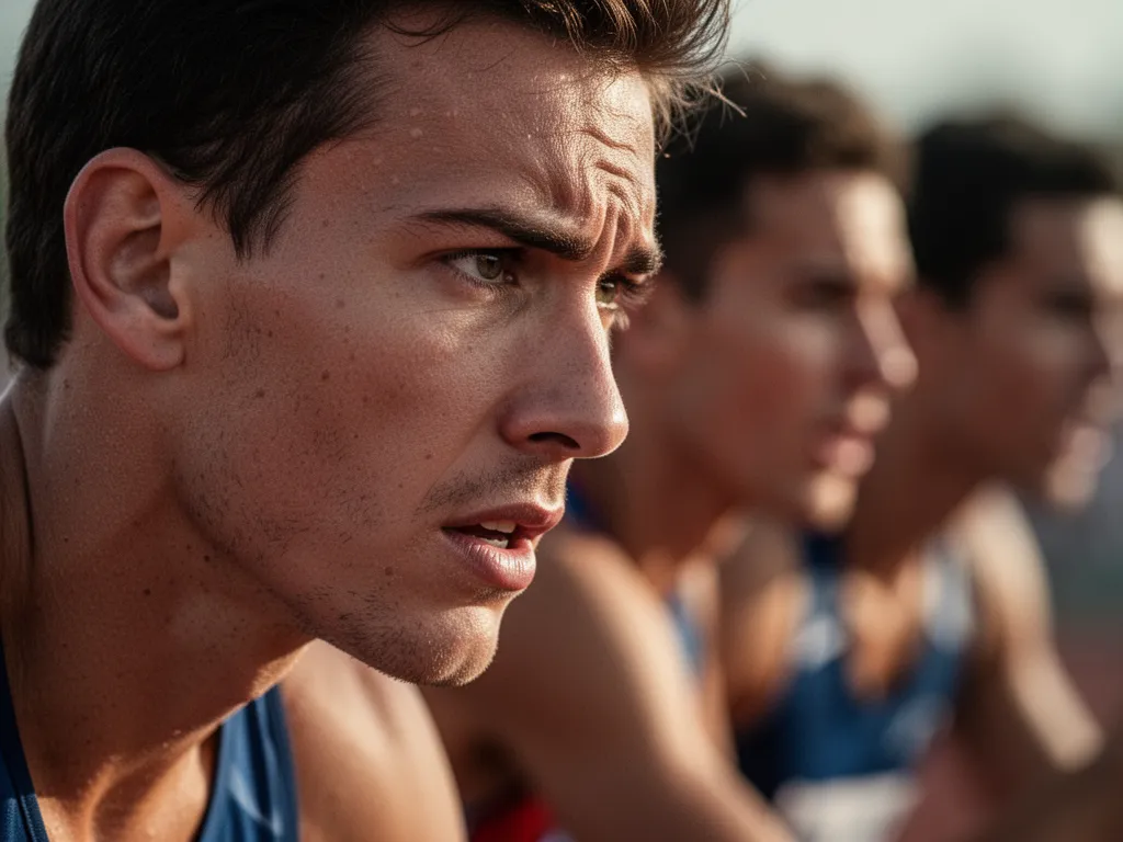[Athlete's concentrated face showing determination during competitive sports action moment]