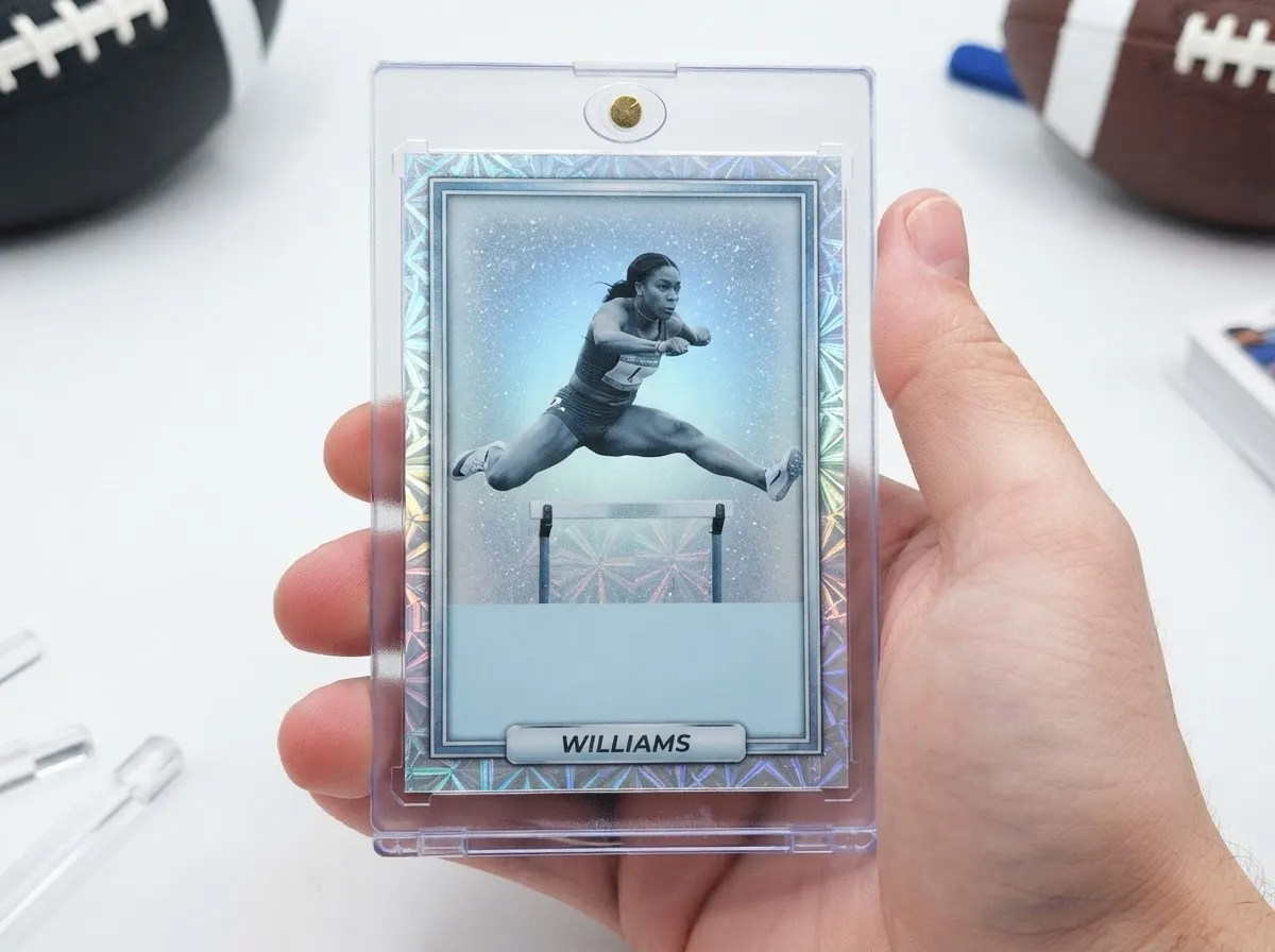 Custom sports trading card in magnetic case showing hurdler in icy silver-blue refractor design.