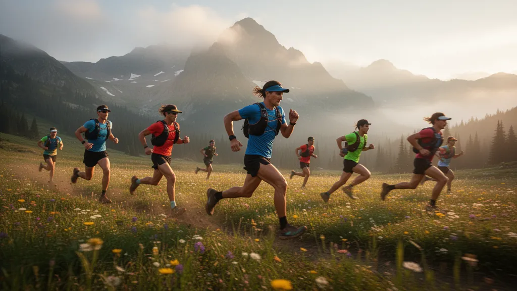 Trail runners sprinting through mountain meadow with misty peaks and golden sunlight in background