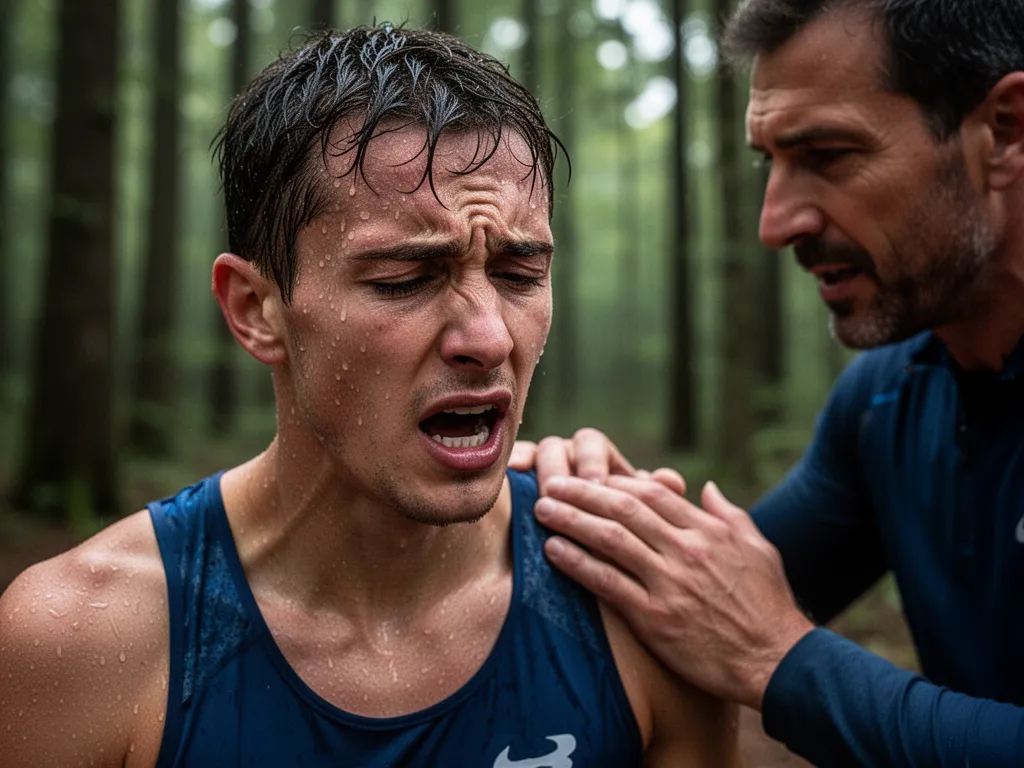 Fatigued athlete receiving encouragement from coach after intense outdoor competition