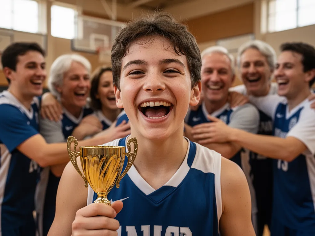 Young athlete smiling with pride while holding a trophy surrounded by celebrating teammates and parents