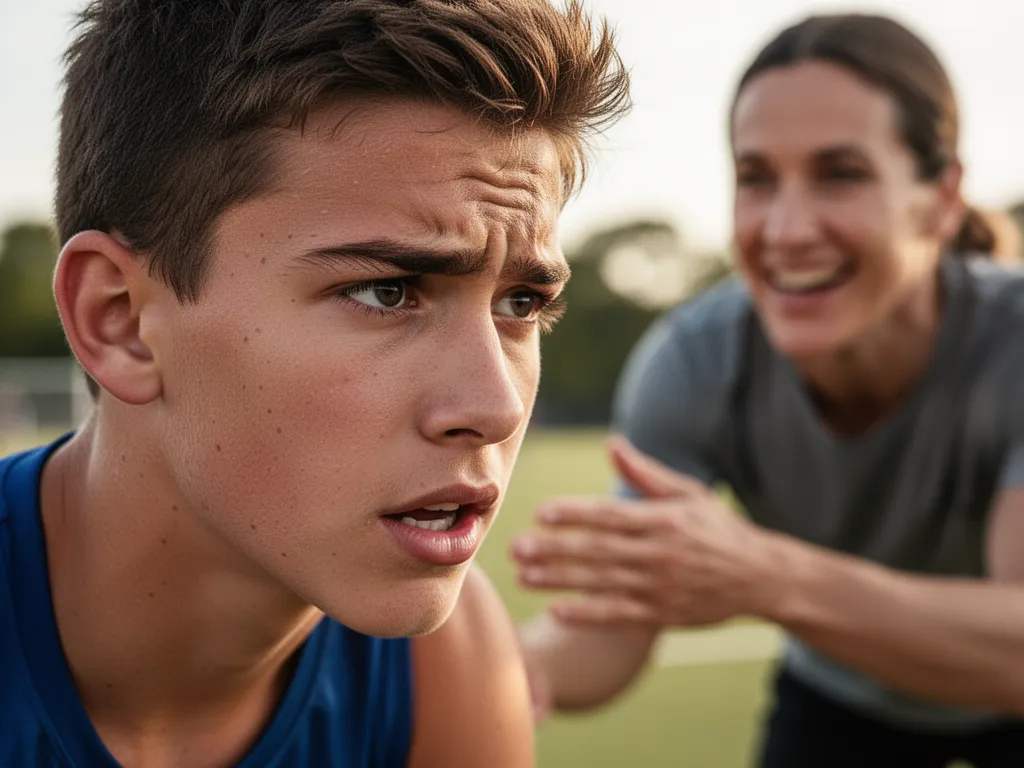 Young athlete displaying focused determination with supportive coach in background