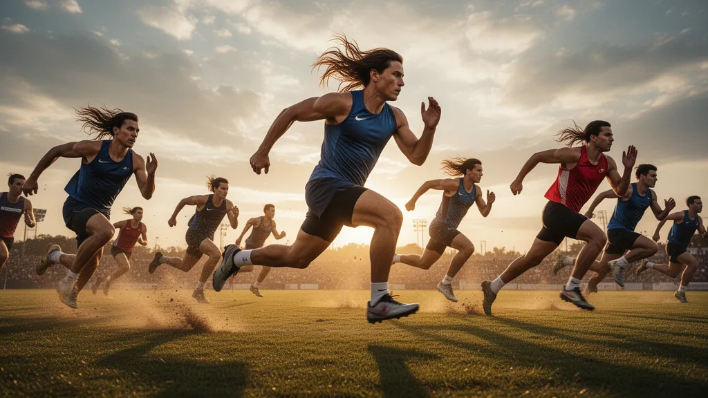 Multiple athletes sprinting across an open field in golden hour sunlight with dynamic motion and natural outdoor energy.