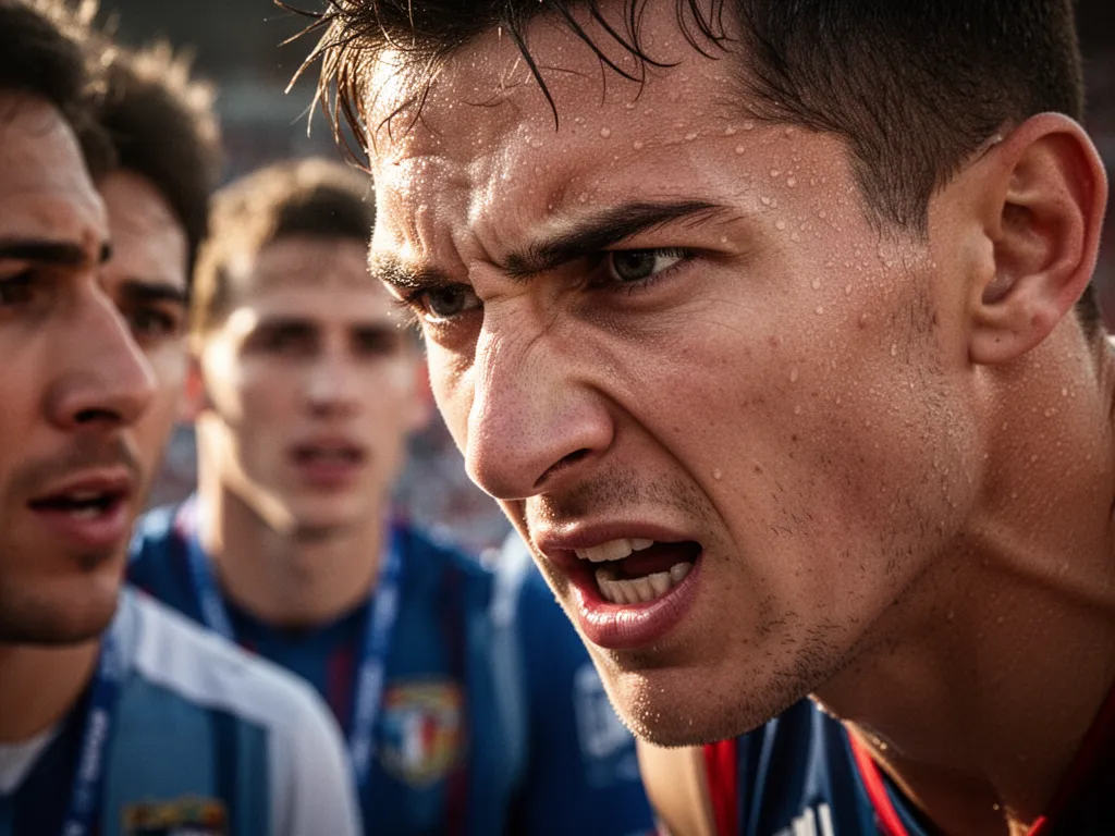 Athlete's intense focused face during competition with blurred supportive teammates visible in warm background lighting.