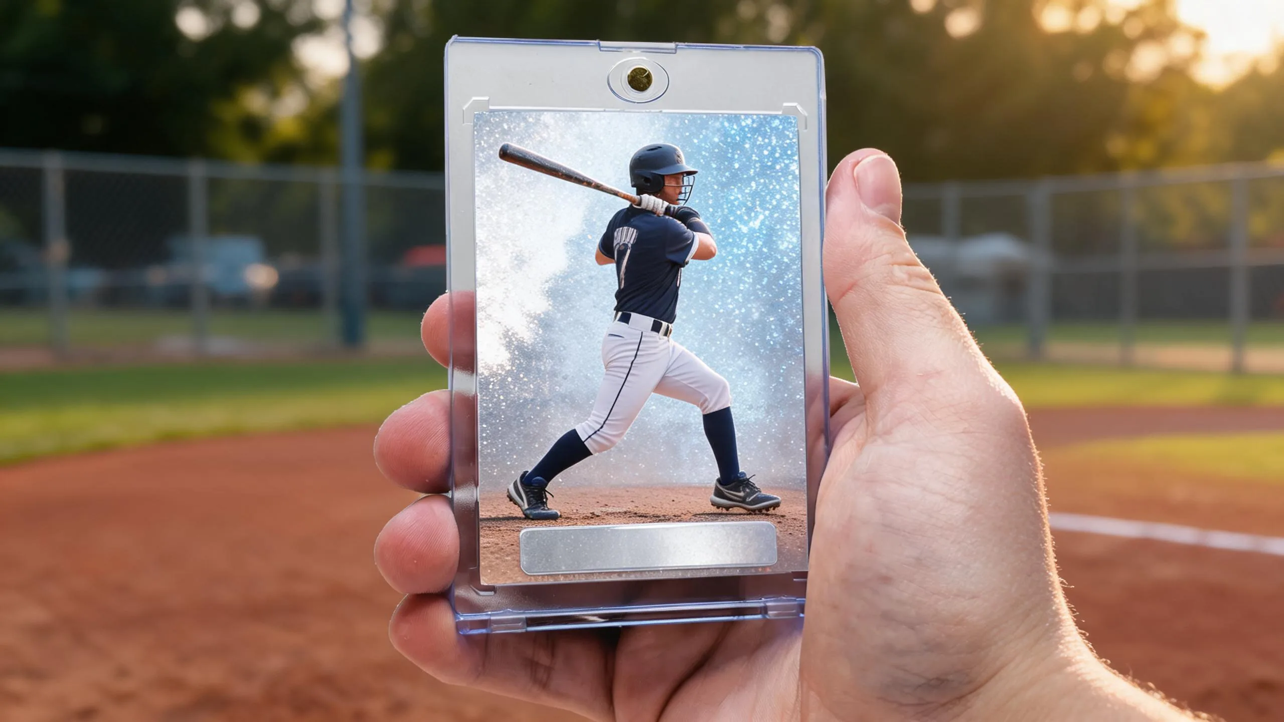 Hand holding magnetic case with old Topps baseball cards style silver-blue refractor player card.