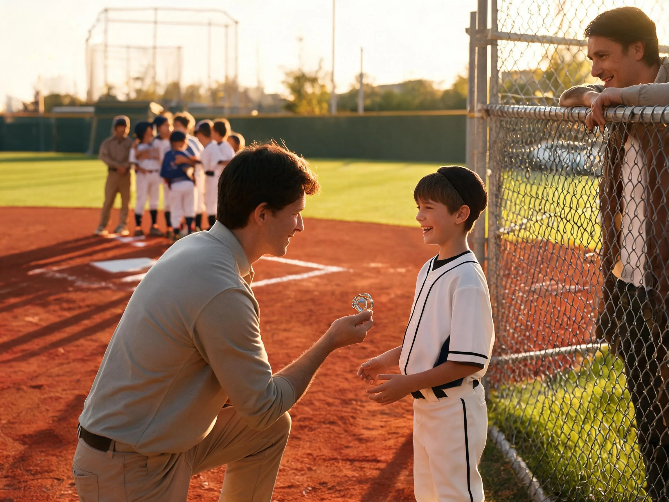 Coach and young baseball player share a proud moment on a sunlit diamond.