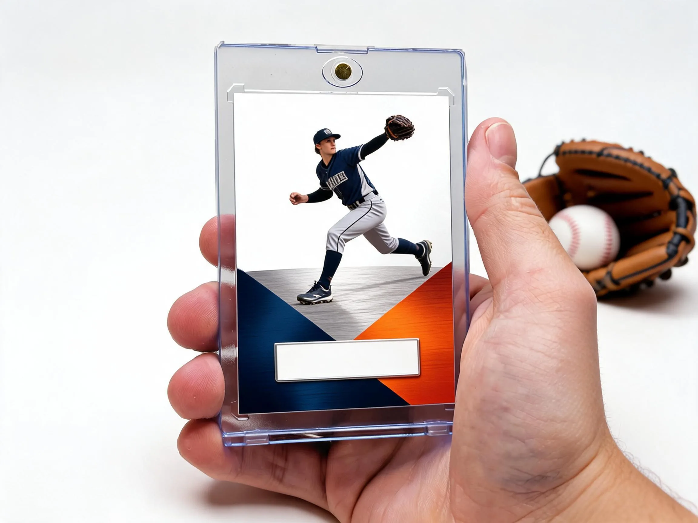 Custom baseball trading card in magnetic case with diagonal navy and orange band.