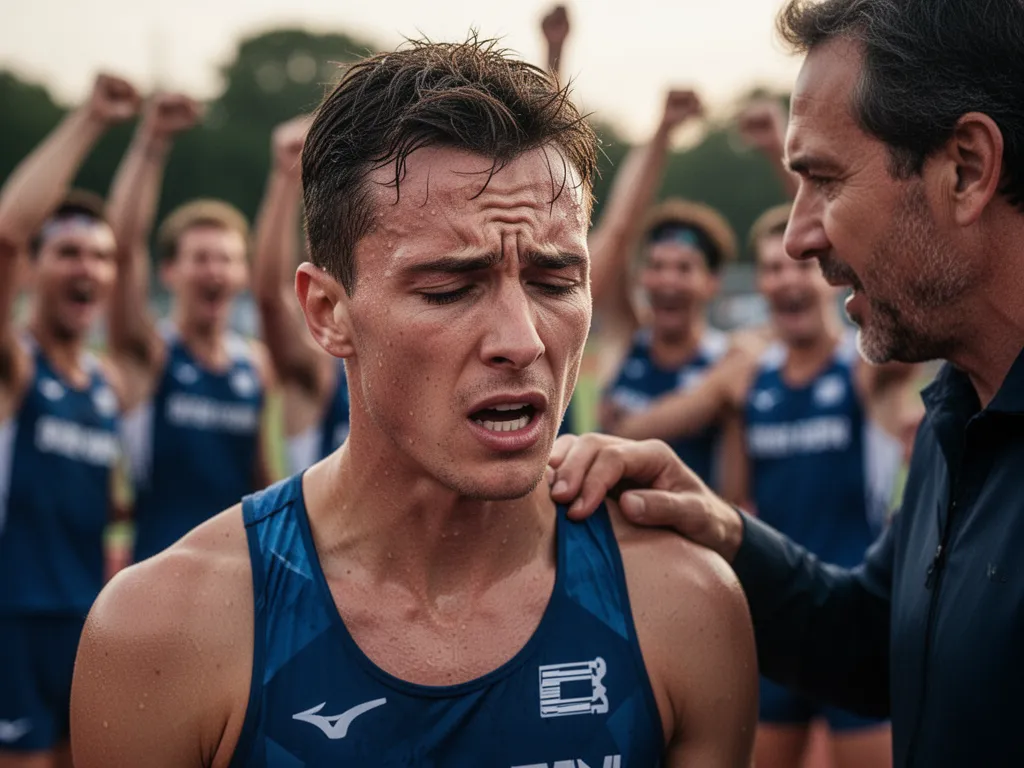 Exhausted athlete breathing heavily after race with coach offering encouragement and support nearby