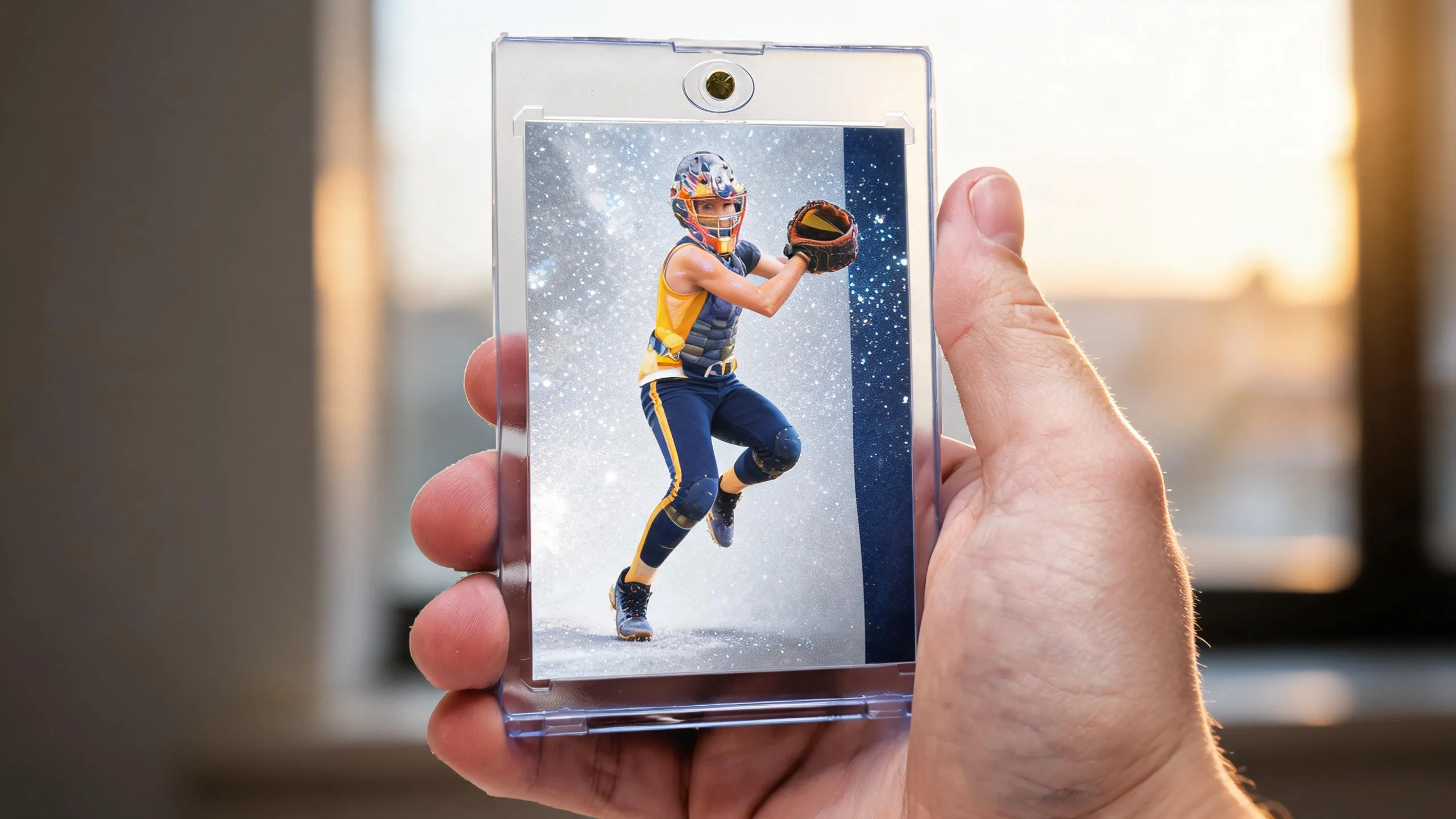 Hand holds a one of one card maker magnetic case with a silver-blue refractor athlete card.