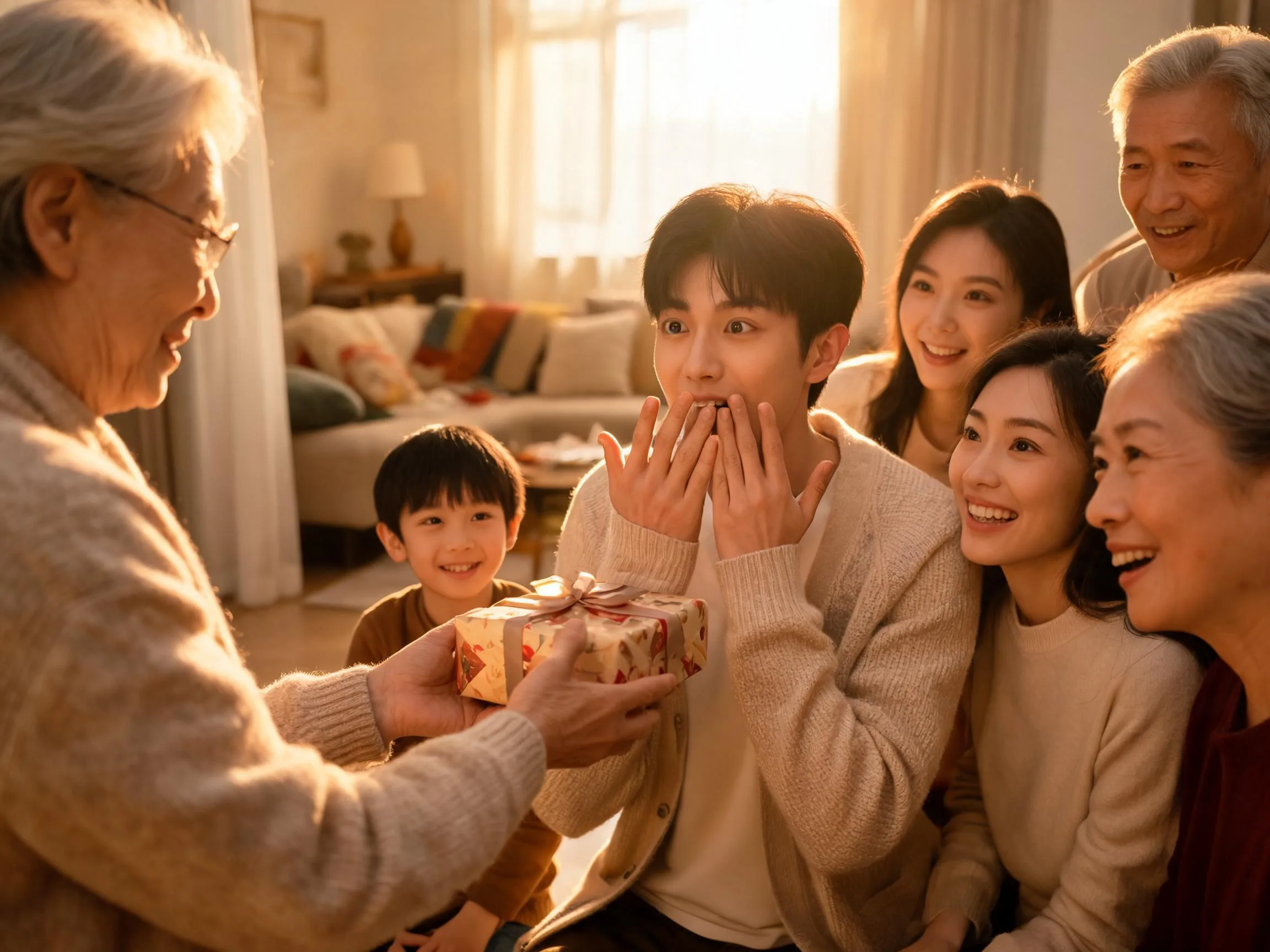 Family member reacts with joyful surprise while being handed an unexpected wrapped gift.