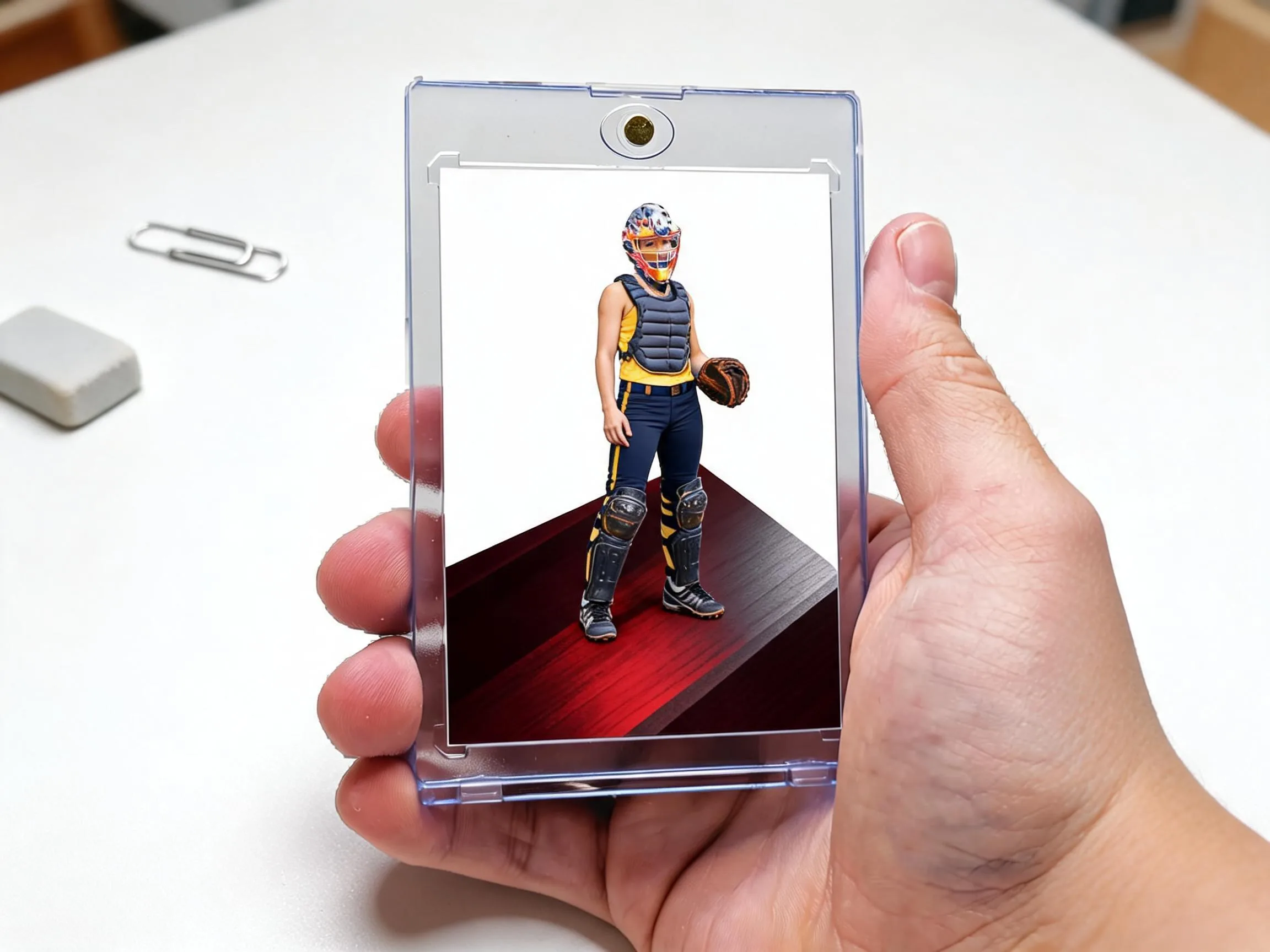 Custom keepsake trading card in a magnetic case with a diagonal metal band design.