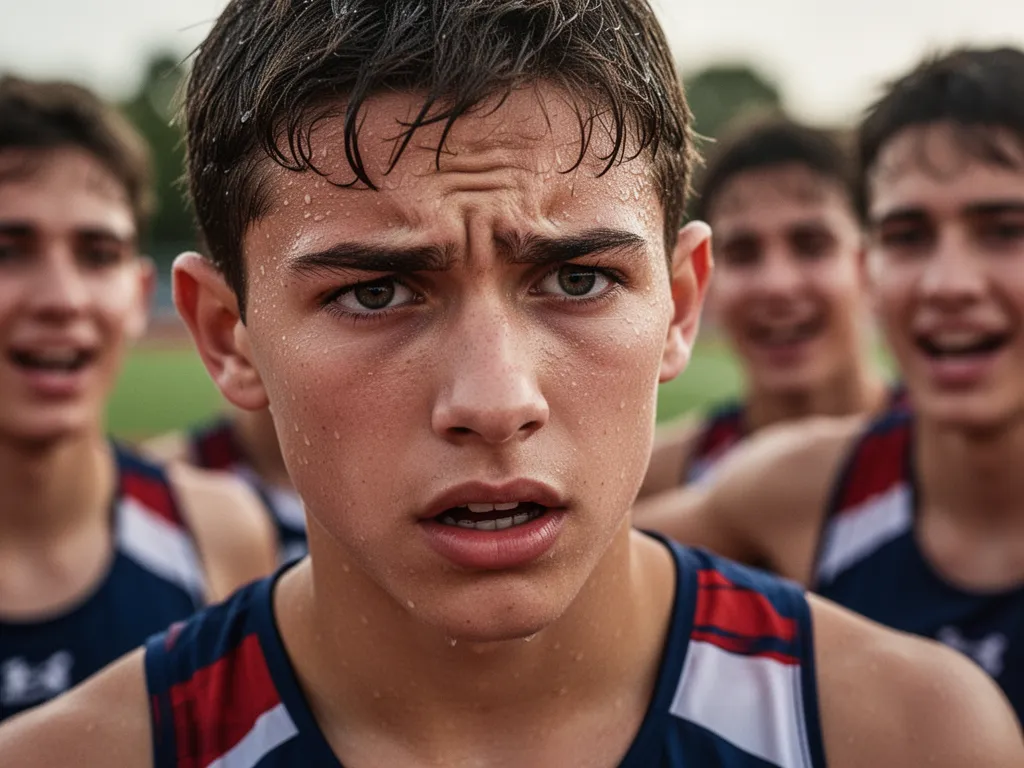 Close-up of determined young athlete's face during competition with teammates supporting in background