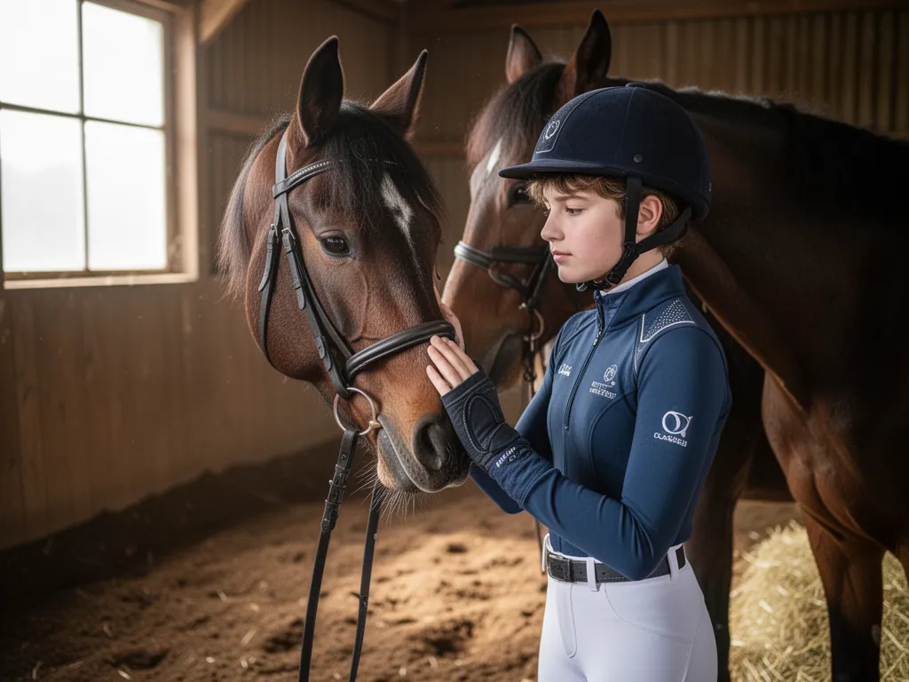 Young equestrian athlete bonding with horse in barn with soft natural lighting and genuine emotion