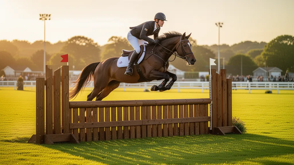 Equestrian athlete and horse jumping over wooden fence in sunlit outdoor arena
