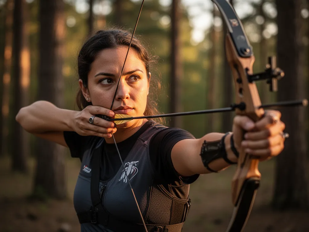 Focused archer in full draw position with concentrated expression and natural lighting