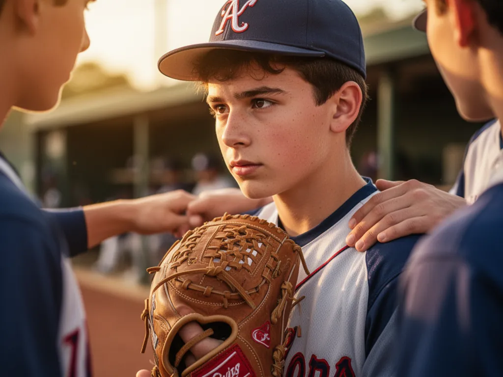 Young baseball player with focused expression wearing glove and teammate showing support