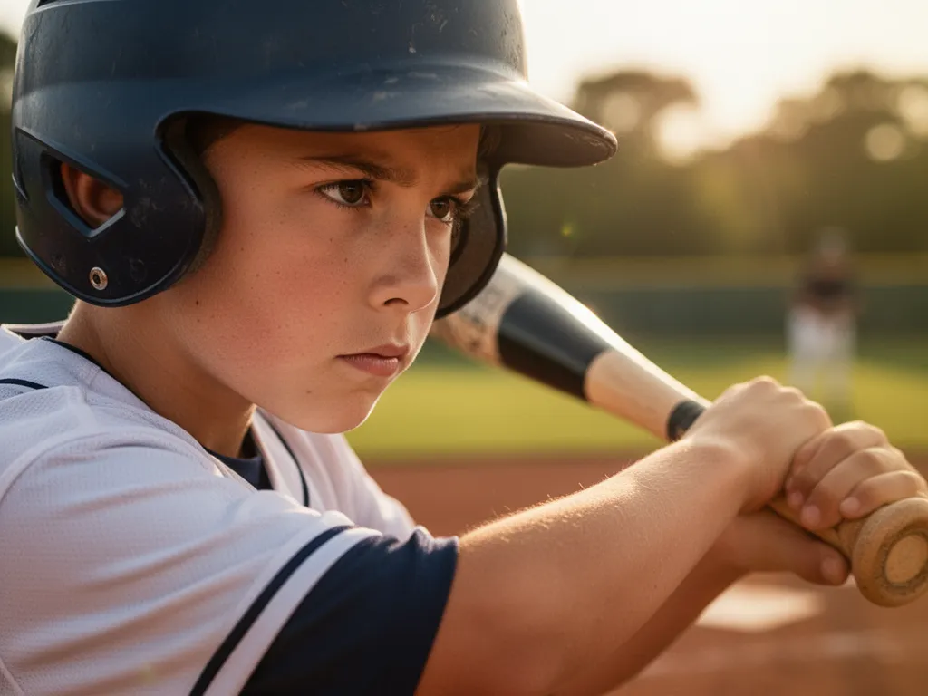 [Young baseball player with intense focus expression gripping bat before swing]