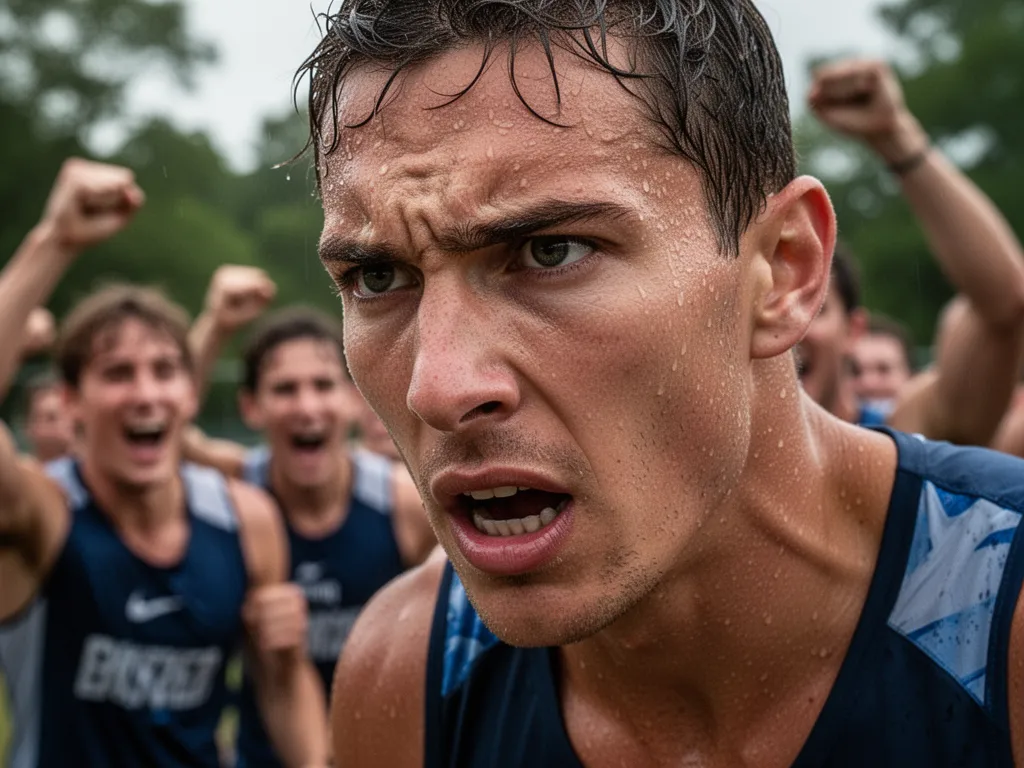 [Athlete's determined expression during competition with supportive teammates visible in background]