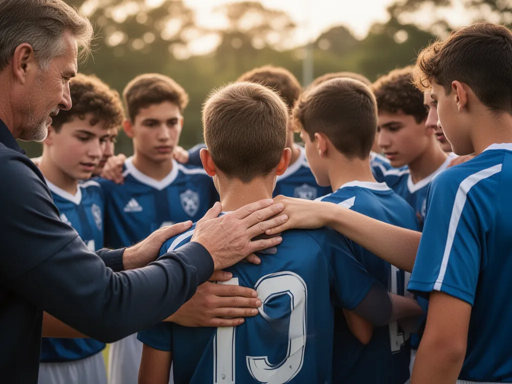 Coach mentoring young athlete with supportive hand gesture during team gathering moment.
