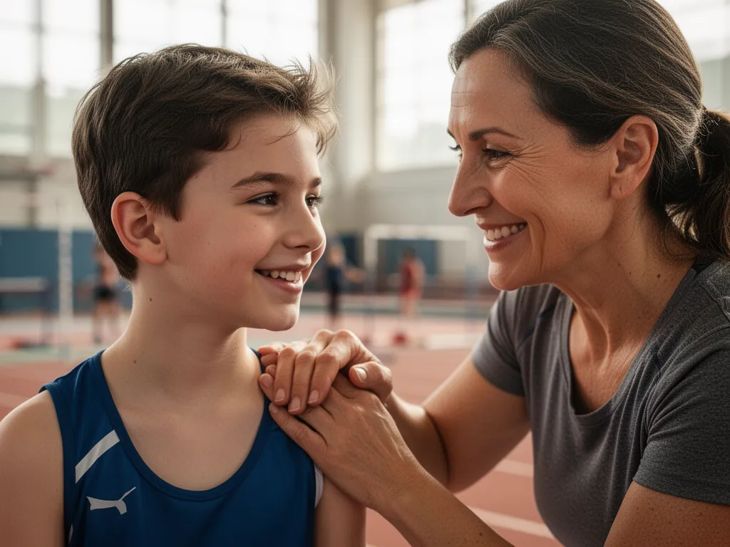 Parent and young athlete share proud moment together with hand on shoulder after sports competition.