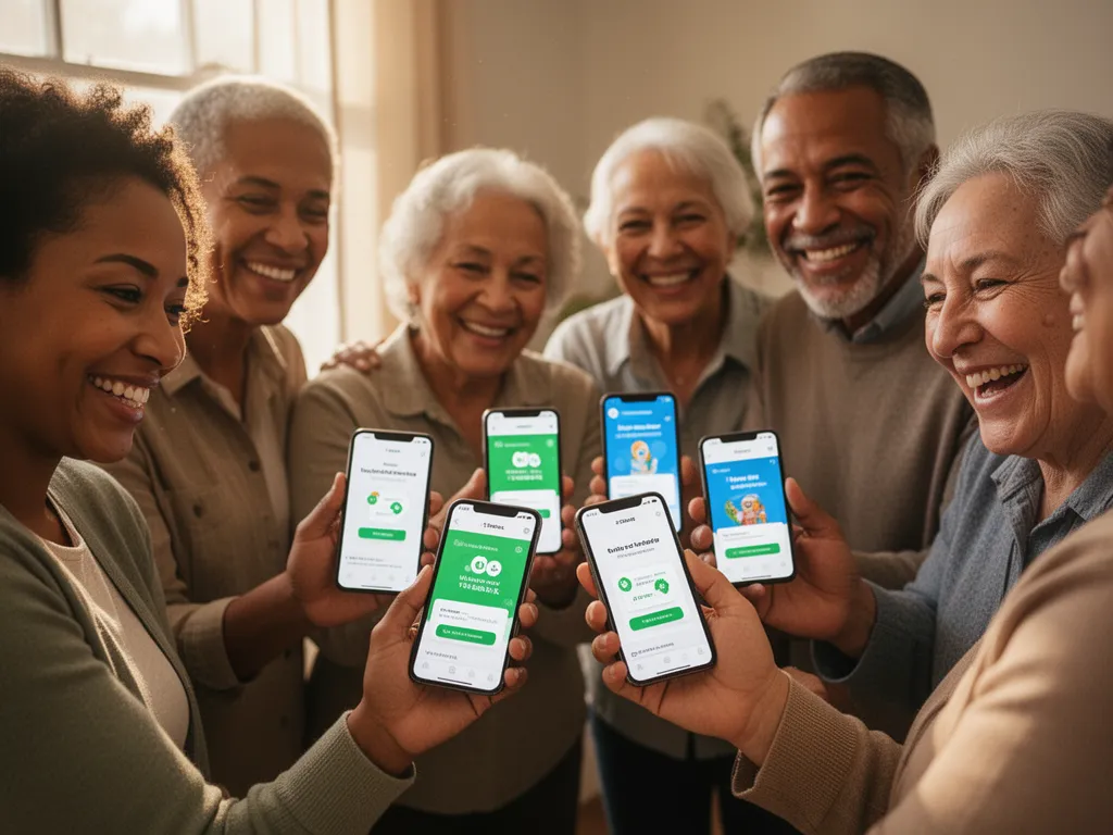 Team members and parents smiling together while viewing fundraising donation page on smartphones