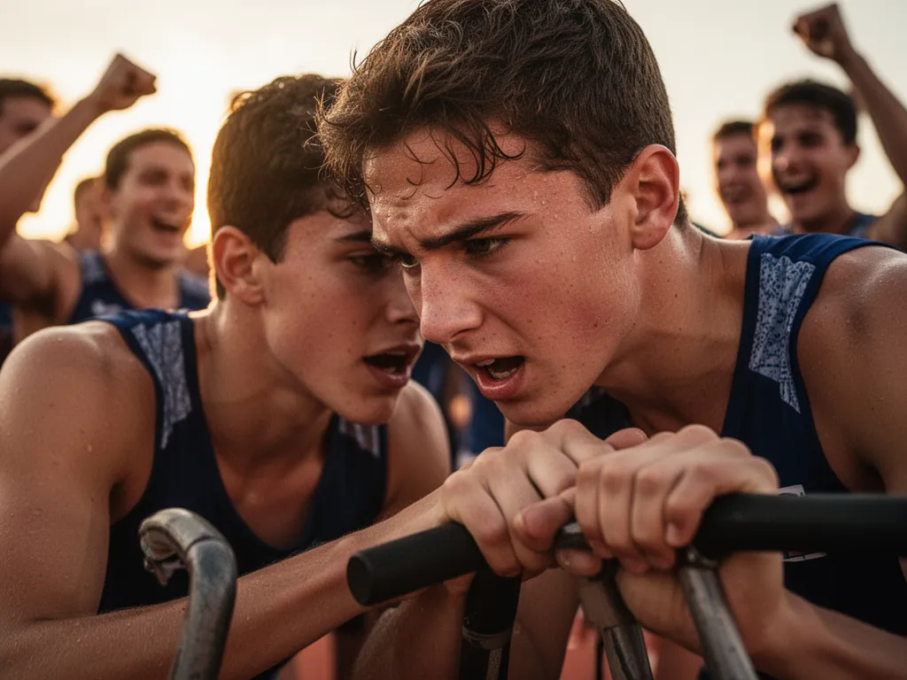 Young athlete's concentrated face with teammates celebrating blurred in warm golden hour background light