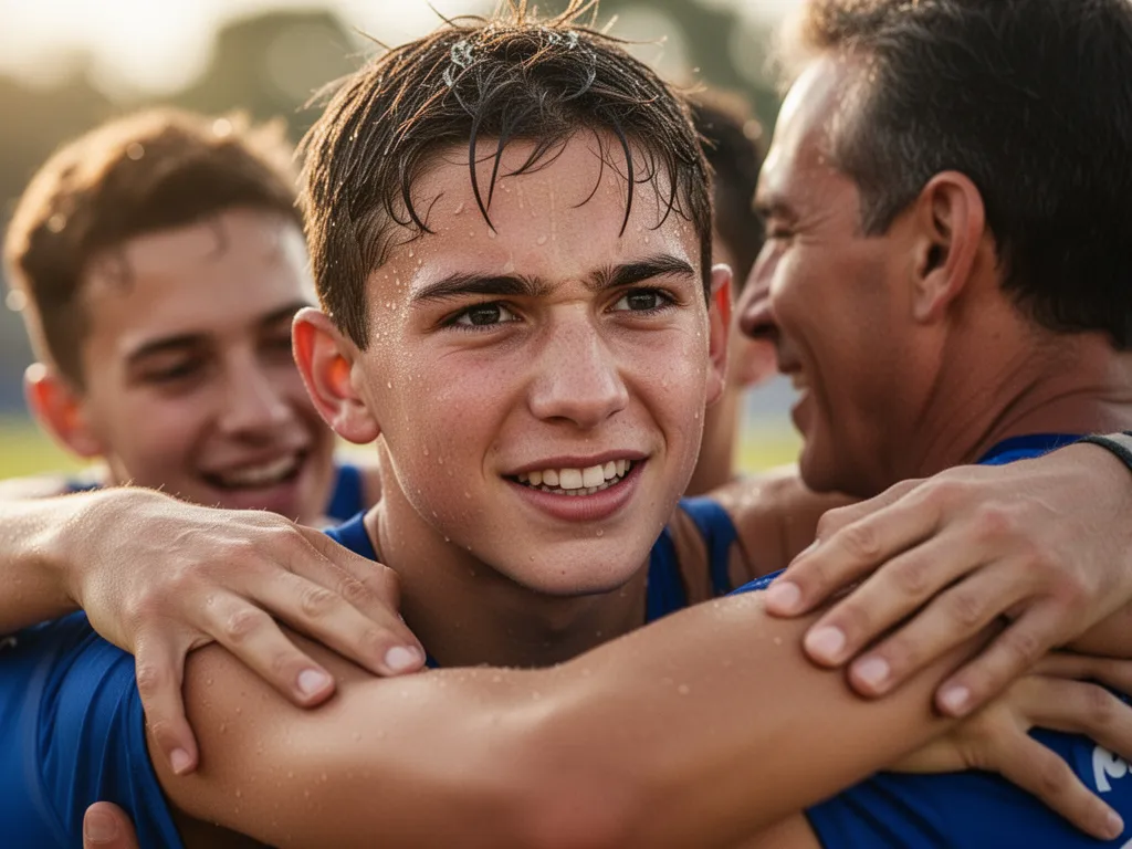 Young athlete's proud expression during emotional celebration with supporting teammates or family members