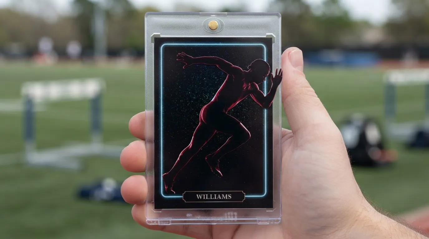 Hand holding magnetic case with premium online trading cards featuring rim-lit sprinter design.