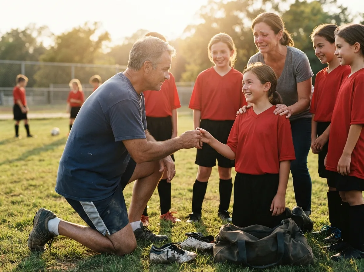 Coach shares proud emotional moment with young athlete and cheering teammates outdoors.