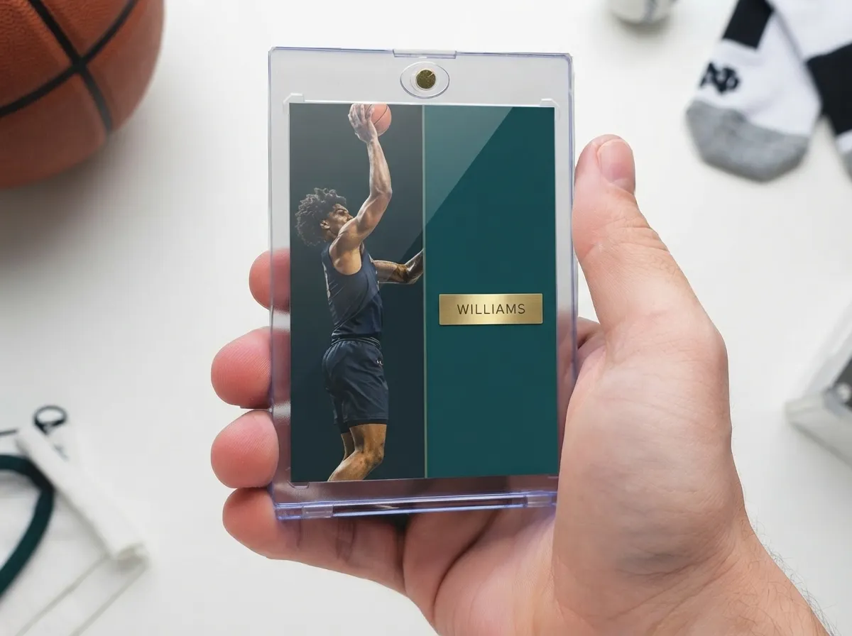 Custom sports trading card with split action-photo design displayed in magnetic case.