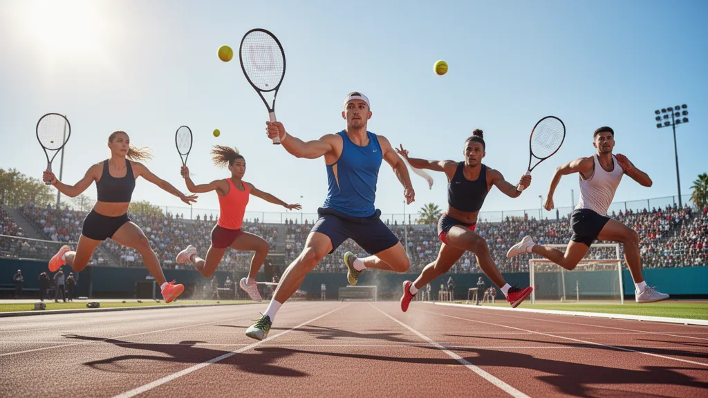 Multiple athletes in action across different sports competing outdoors in natural daylight