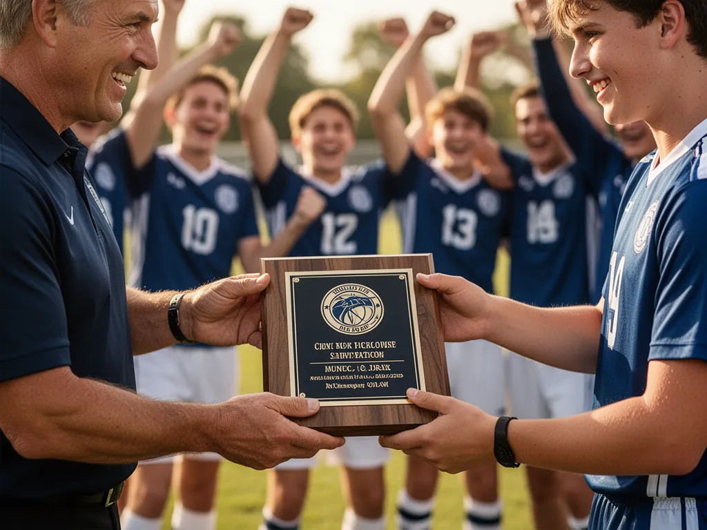 Coach presenting a commemorative plaque to smiling young athlete surrounded by celebrating teammates