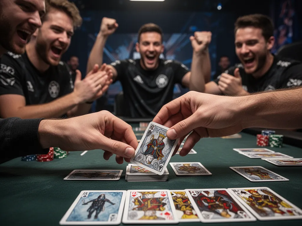 [Player's hands carefully arranging custom Magic cards during tournament match with focused concentration and teammate support]