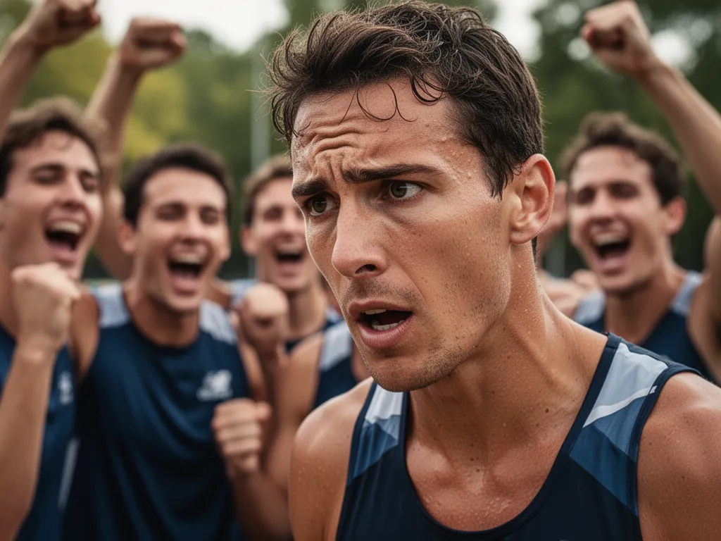 [Athlete's determined face with supportive teammates celebrating in blurred background]