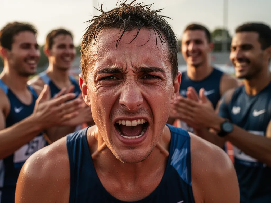 Athlete's emotional face showing determination with teammates celebrating in soft-focused background