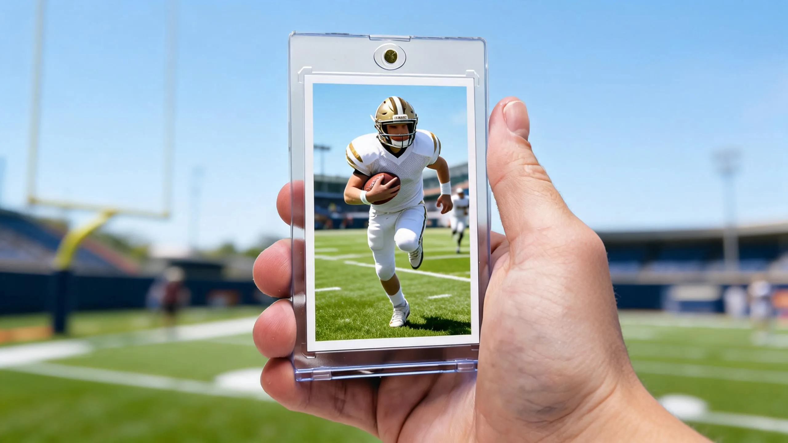 Hand holding own football card in magnetic case, sunlit stadium background, running back design.