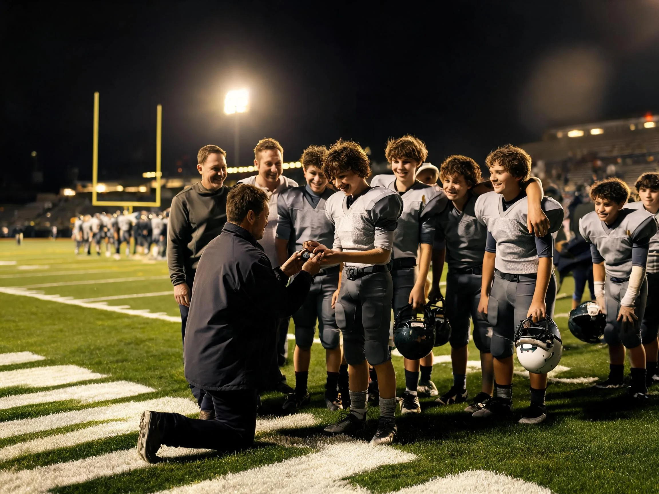 Coach and young football player share proud moment under stadium lights at game.