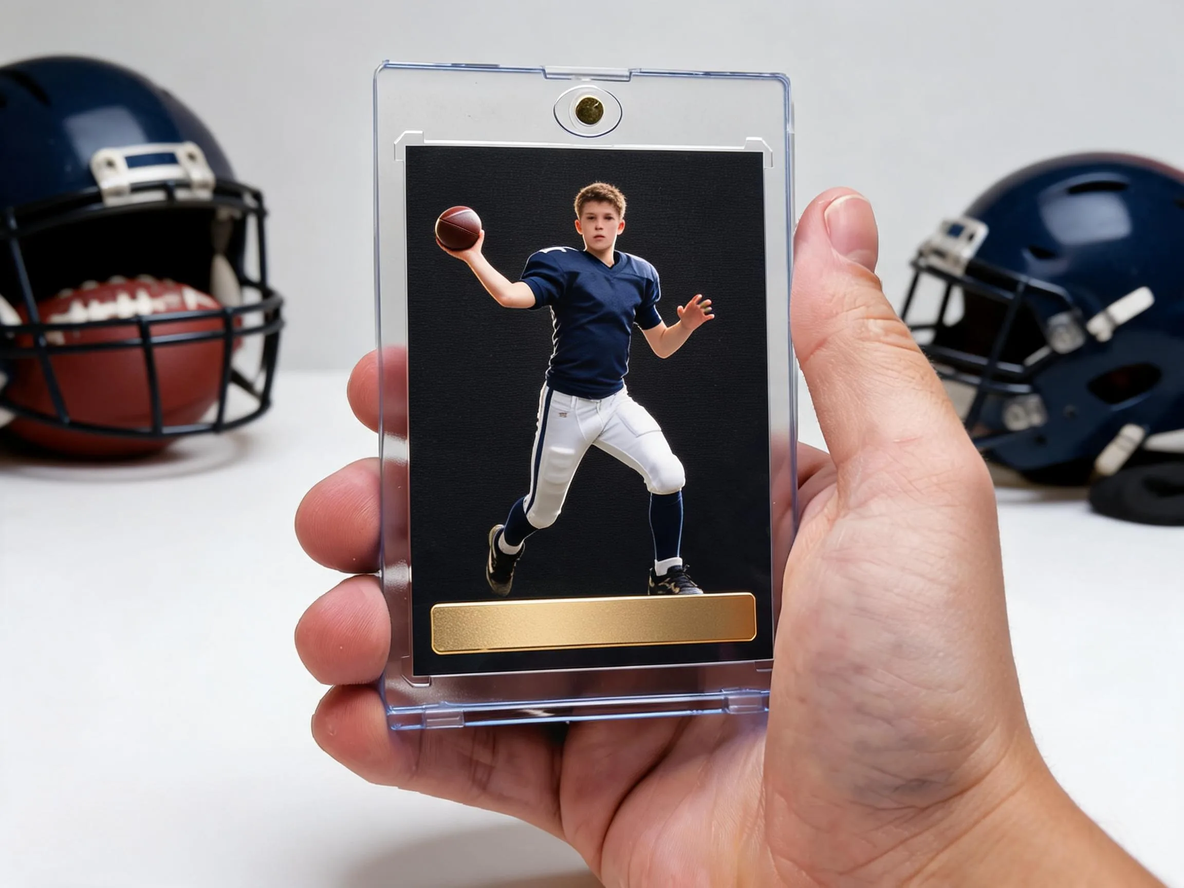 Custom football trading card in magnetic case, dark gold-foil design on white tabletop.