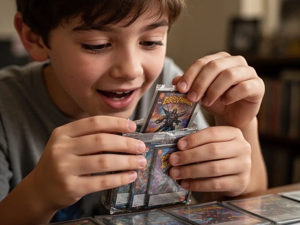 [Child's hands opening sports card pack with expression of anticipation and joy]
