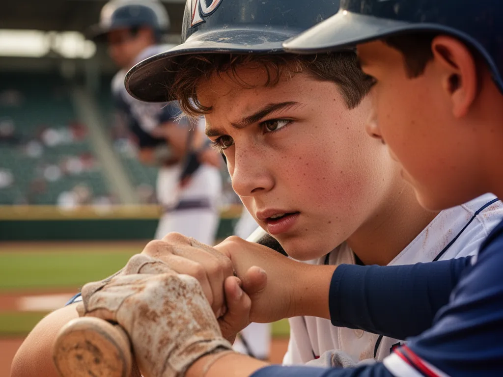 Young athlete's determined expression holding baseball bat with teammate support visible in background