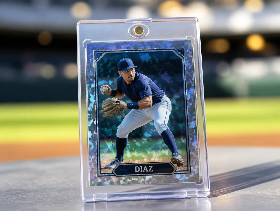 Custom premium baseball trading card standing in a magnetic display case