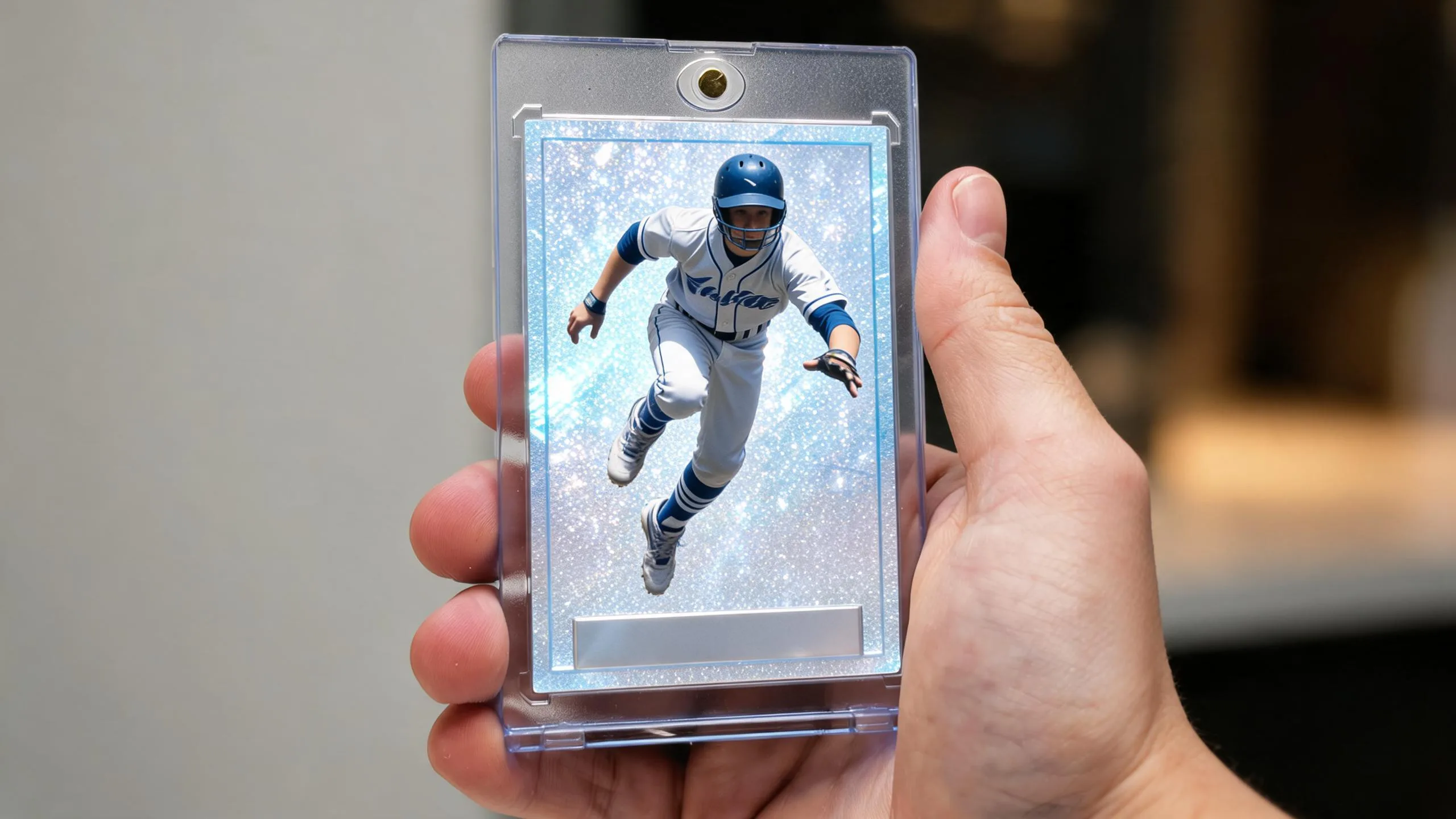 Hand holding a magnetic case with a silver-blue refractor athlete card, panini card creator design.