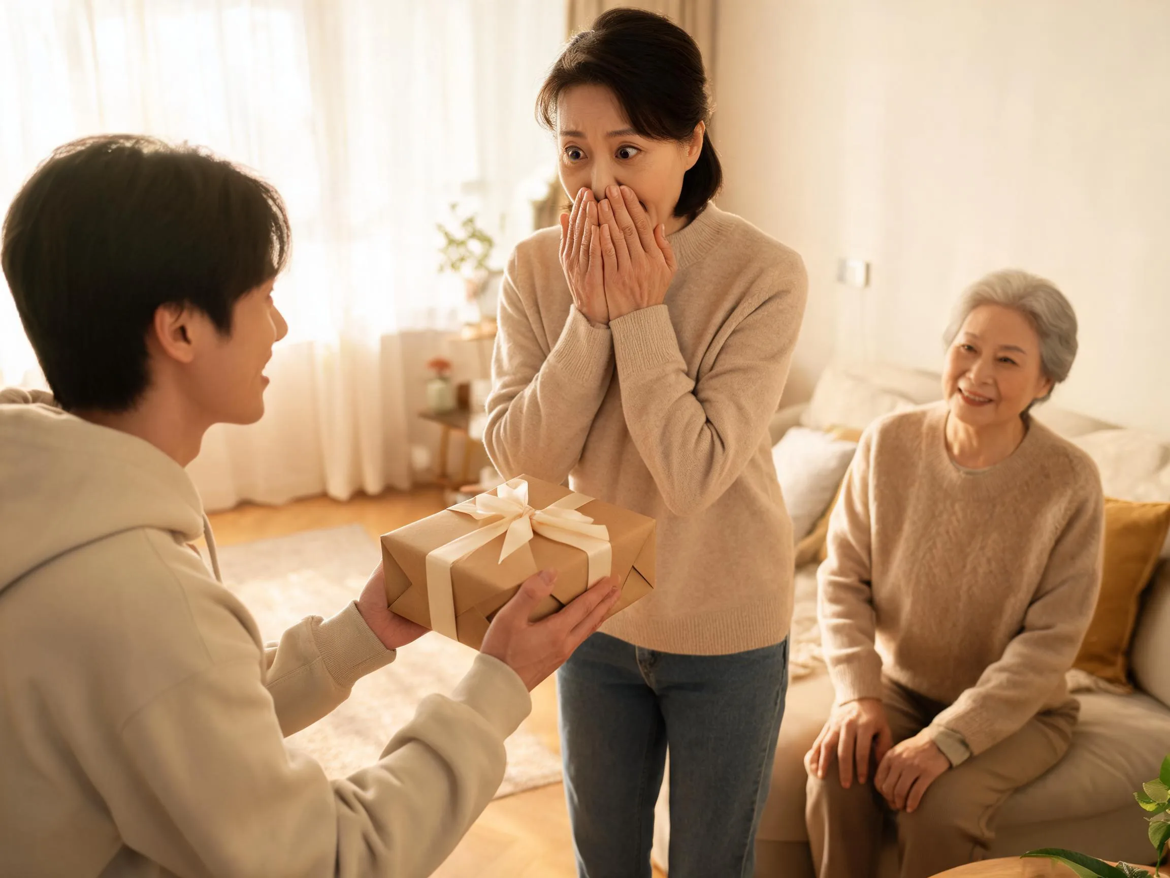 Family member reacting with genuine surprise to an unexpected gift in warm light.